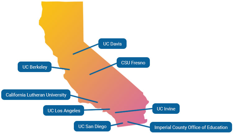 CRLP Regional Sites, including: UC Davis, UC Berkeley, CSU Fresno/Central Valley, California Lutheran University, UC Los Angeles, UC Irvine, UC San Diego, and Imperial County Office of Education