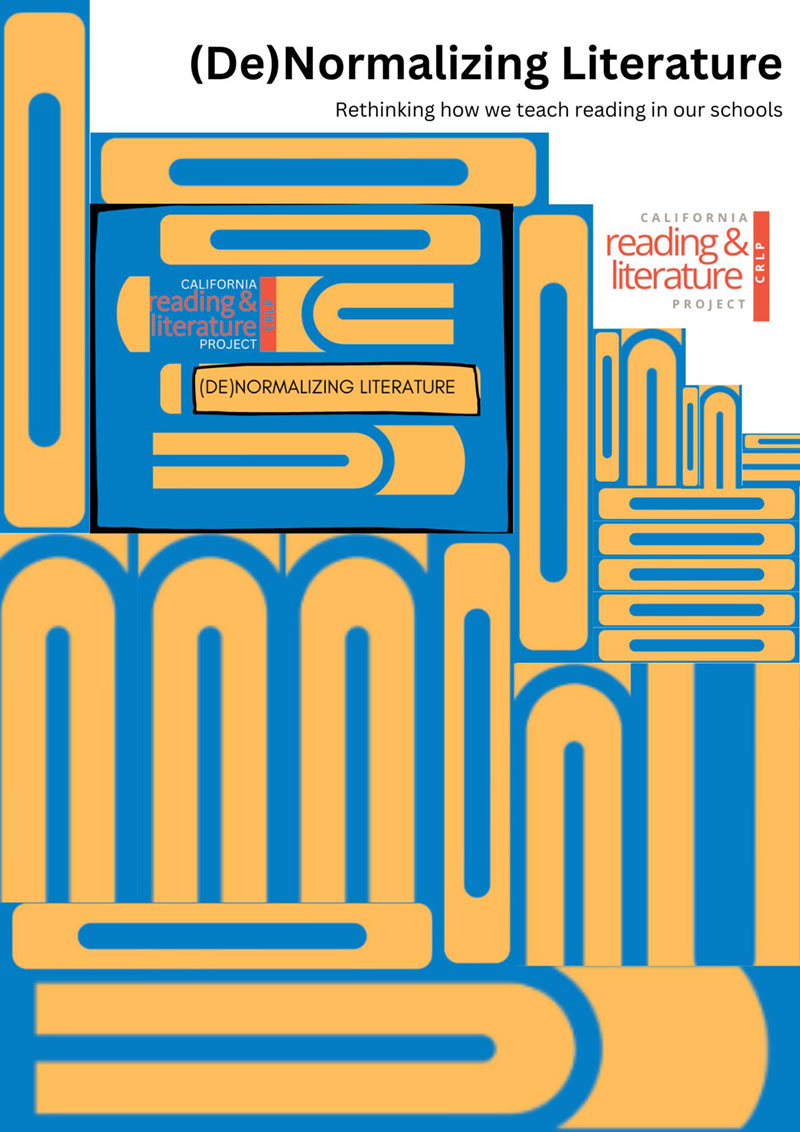 Cover for (De)Normalizing Literature program booklet, featuring blue and yellow abstract shapes